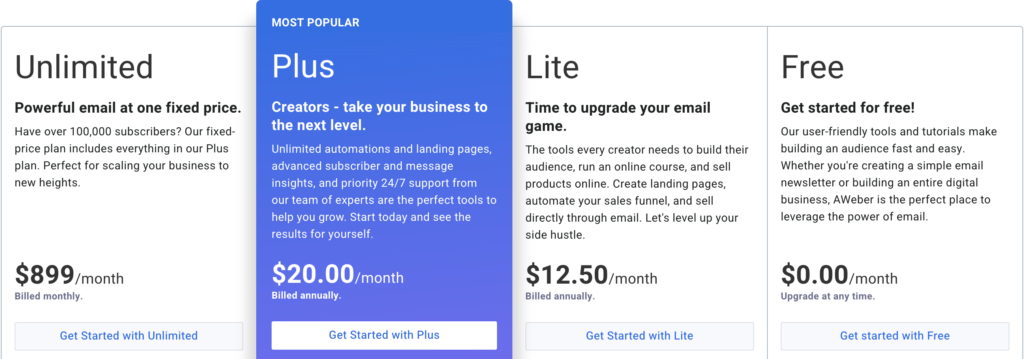 GetResponse vs AWeber: AWeber Pricing Plans